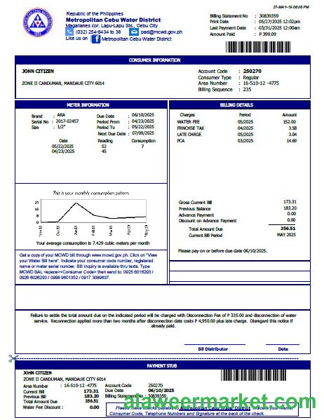 Philippines Metropolitan Cebu Water District utility bill template in Word and PDF formats, version 2